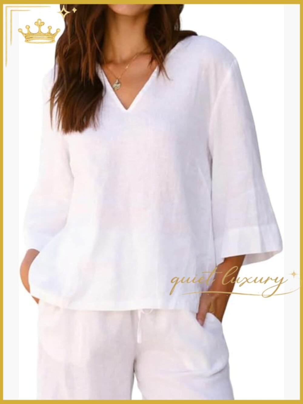 3/4 Sleeve V Neck Linen Tunic Tops Casual Blouse